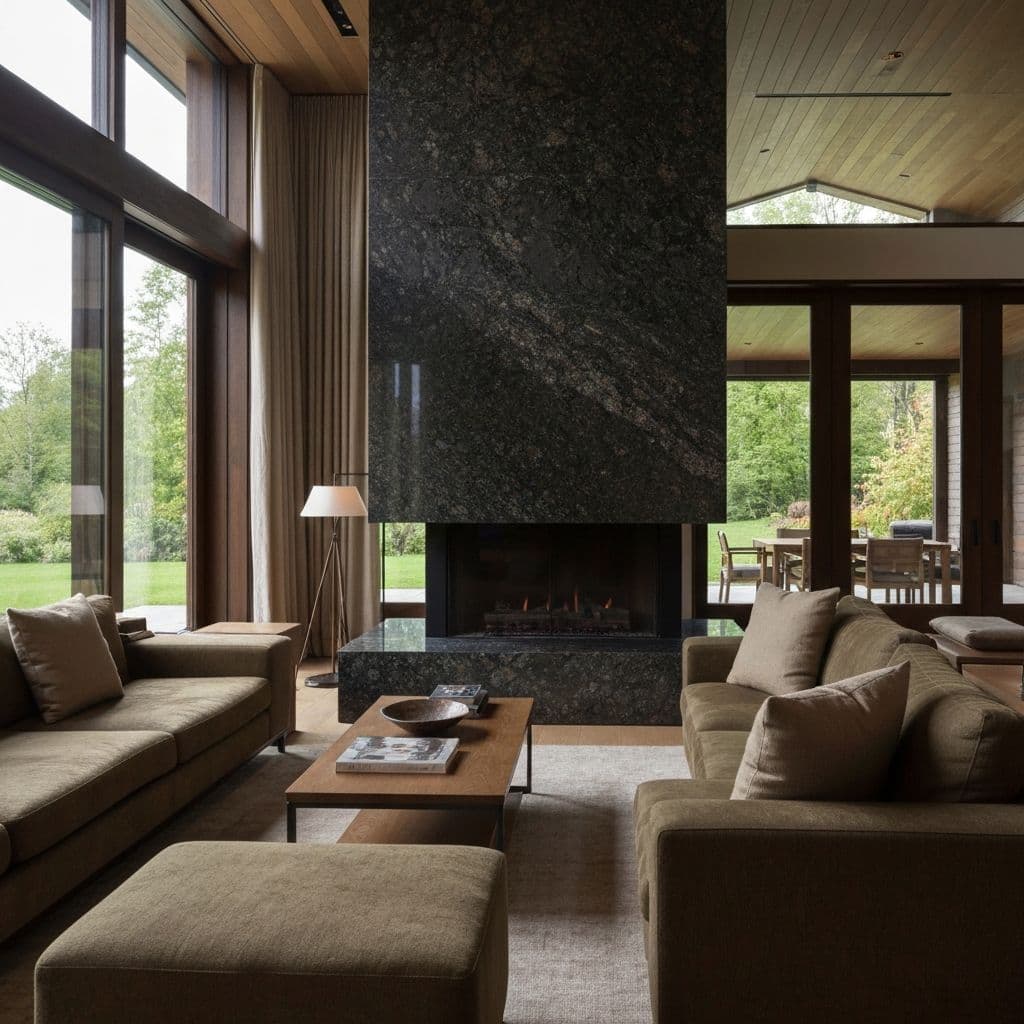 Living room with granite fireplace